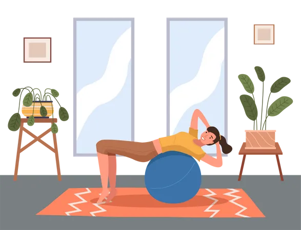 Mujer haciendo ejercicio físico en casa con pelota  Ilustración