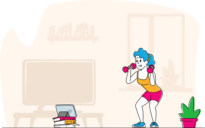 Mujer haciendo ejercicio mientras ve un programa de televisión  Ilustración