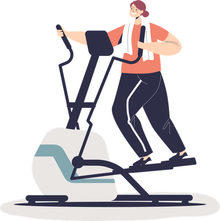 Mujer haciendo ejercicios cardiovasculares corriendo en una máquina elíptica  Ilustración