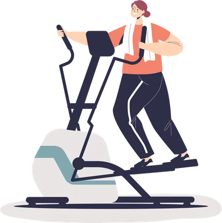 Mujer haciendo ejercicios cardiovasculares corriendo en una máquina elíptica  Ilustración