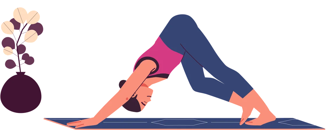 Personaje femenino haciendo ejercicios de yoga perro boca abajo  Ilustración