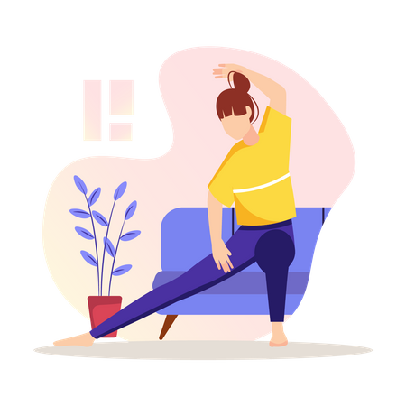 Mujer haciendo ejercicios o yoga en casa.  Ilustración