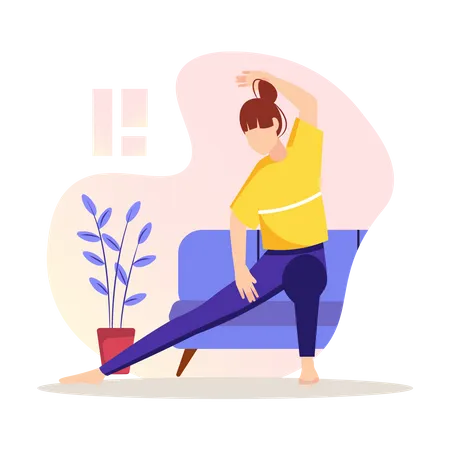 Mujer haciendo ejercicios o yoga en casa.  Ilustración
