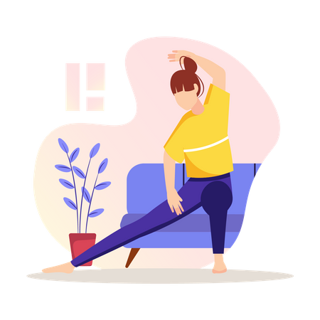 Mujer haciendo ejercicios o yoga en casa.  Ilustración