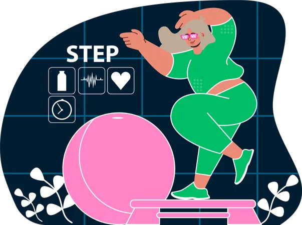 Mujer haciendo entrenamiento físico VR  Ilustración