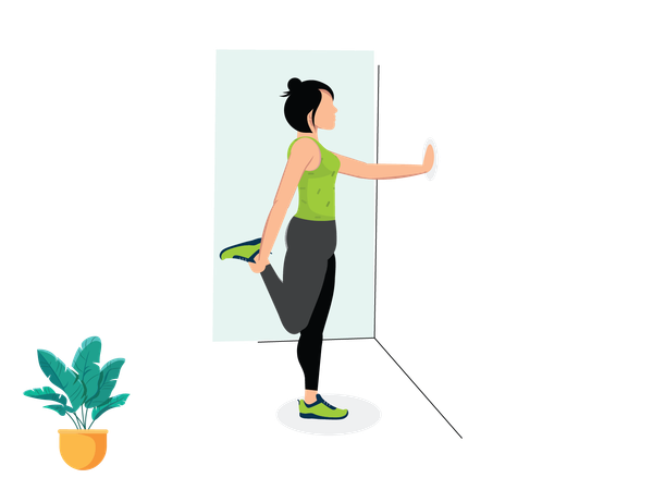 Mujer haciendo estiramiento de cuádriceps en la pared  Illustration