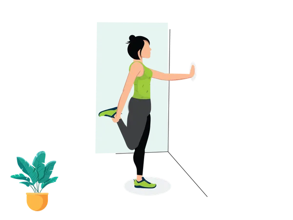 Mujer haciendo estiramiento de cuádriceps en la pared  Illustration