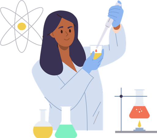 Mujer haciendo experimento químico  Ilustración