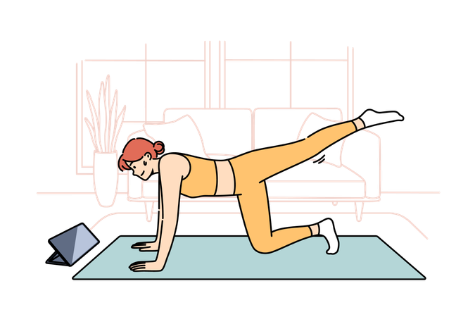Mujer haciendo fitness viendo lecciones en línea de un entrenador y haciendo estiramientos en una alfombra deportiva en casa  Ilustración