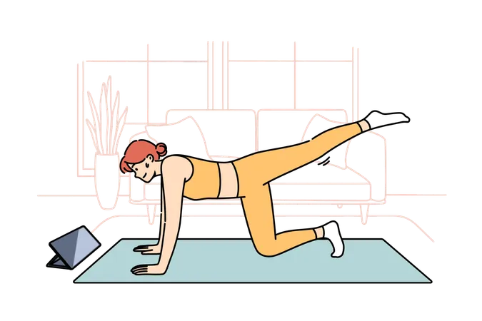 Mujer haciendo fitness viendo lecciones en línea de un entrenador y haciendo estiramientos en una alfombra deportiva en casa  Ilustración
