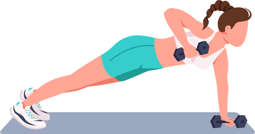 Mujer haciendo flexiones con mancuernas  Ilustración