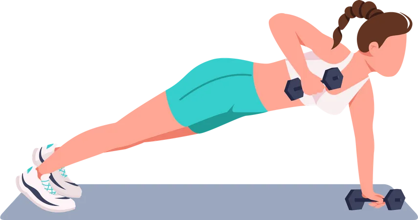 Mujer haciendo flexiones con mancuernas  Ilustración