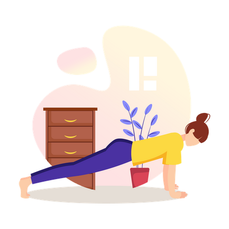 Mujer haciendo flexiones en casa  Ilustración