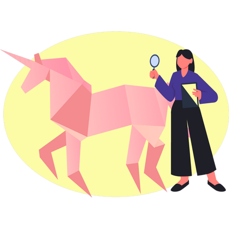 Mujer investigando sobre un caballo de origami  Ilustración