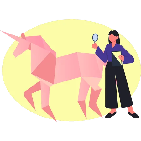 Mujer investigando sobre un caballo de origami  Ilustración