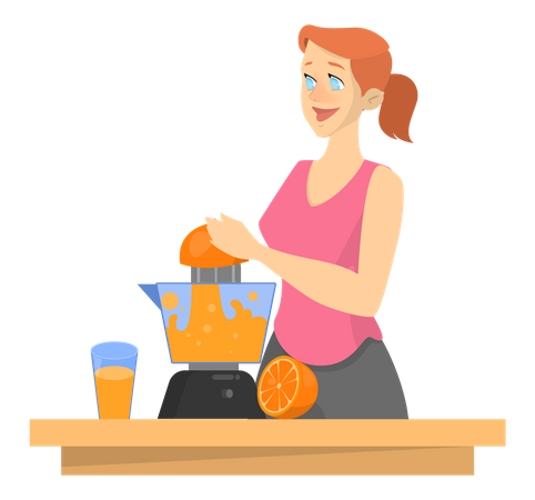 Mujer haciendo jugo de naranja fresco  Ilustración