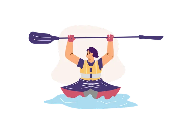 Mujer haciendo kayak en el agua  Ilustración