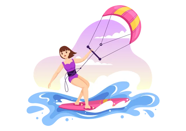 Mujer haciendo kitesurf  Ilustración