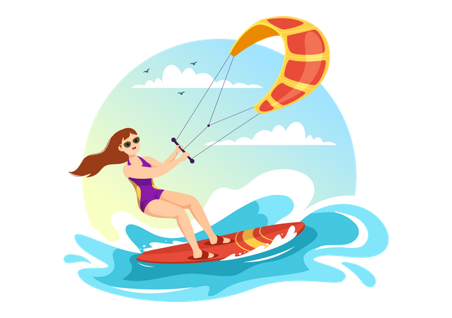 Mujer haciendo kitesurf  Ilustración