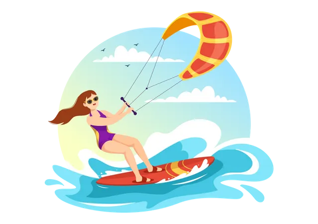 Mujer haciendo kitesurf  Ilustración