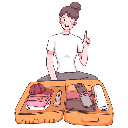 Mujer empacando maleta para gira  Ilustración