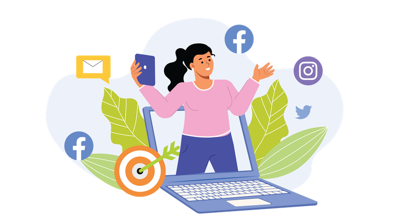 Mujer haciendo marketing en redes sociales  Ilustración