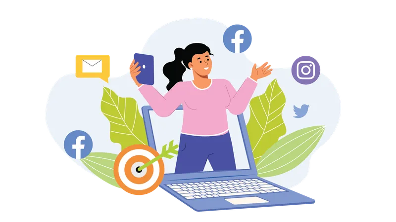 Mujer haciendo marketing en redes sociales  Ilustración