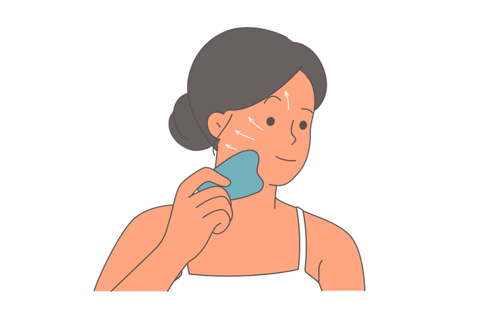 Mujer haciendo masaje facial para rejuvenecer y deshacerse de las arrugas usando el dispositivo gua sha  Ilustración