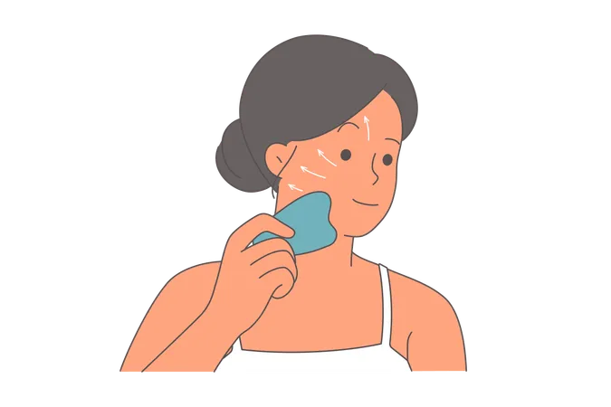 Mujer haciendo masaje facial para rejuvenecer y deshacerse de las arrugas usando el dispositivo gua sha  Ilustración