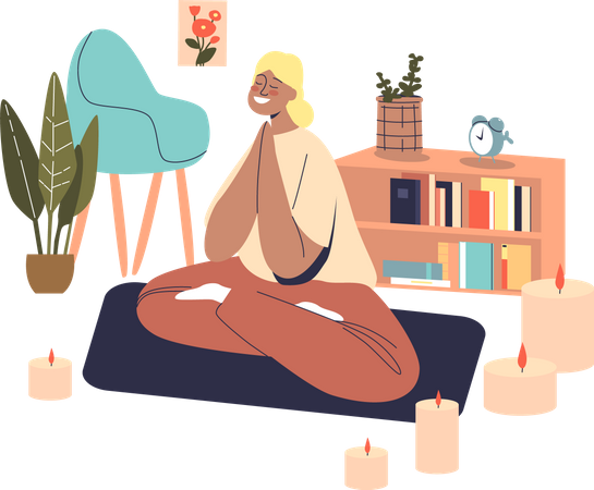 Mujer haciendo meditación en casa  Ilustración