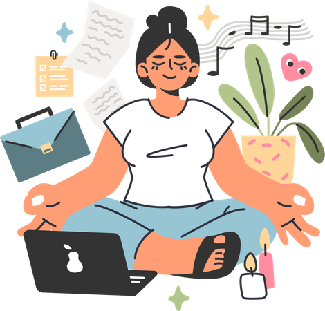 Mujer haciendo meditación en el lugar de trabajo  Ilustración