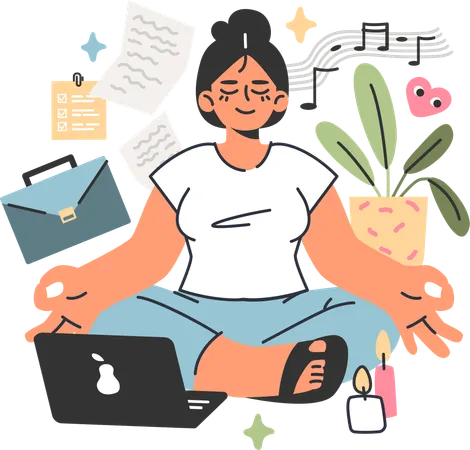 Mujer haciendo meditación en el lugar de trabajo  Ilustración