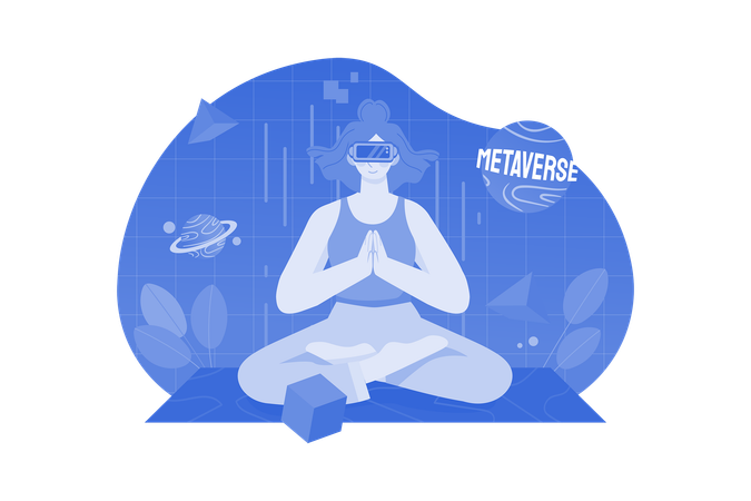 Mujer haciendo meditación en el metaverso.  Ilustración