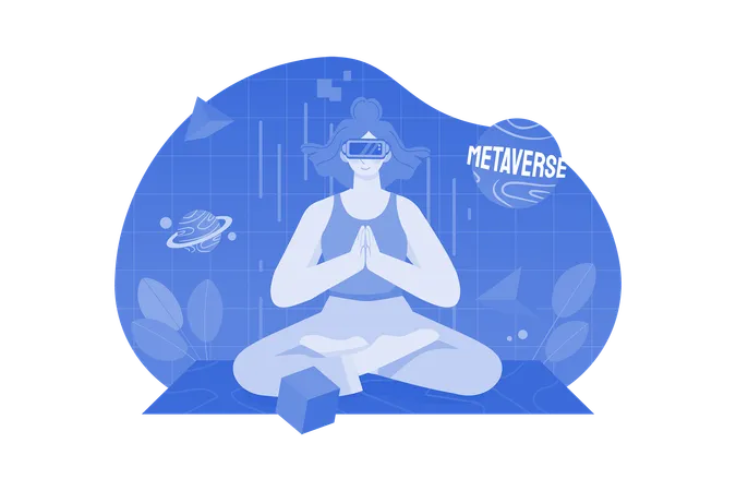 Mujer haciendo meditación en el metaverso.  Ilustración