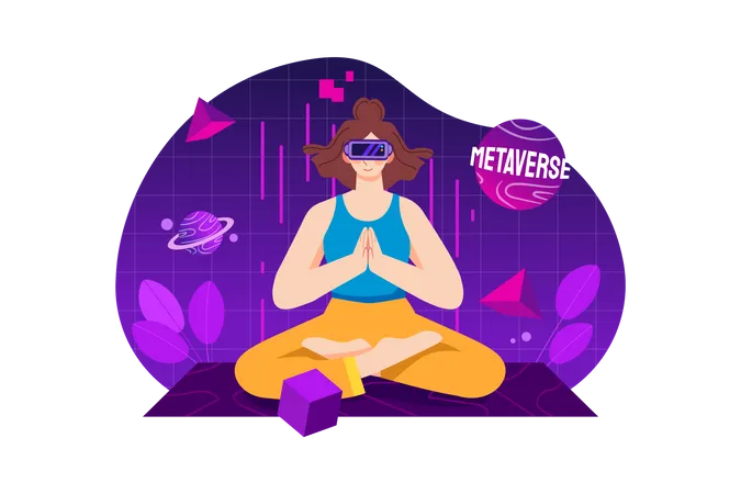 Mujer haciendo meditación en el metaverso.  Ilustración