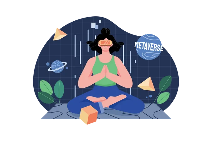 Mujer haciendo meditación en el metaverso.  Ilustración