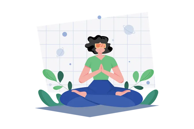 Mujer haciendo meditación en el metaverso.  Ilustración