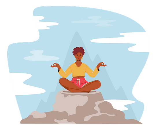 Mujer haciendo meditación en el pico de la montaña  Ilustración