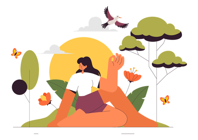 Mujer haciendo meditación en el jardín.  Ilustración