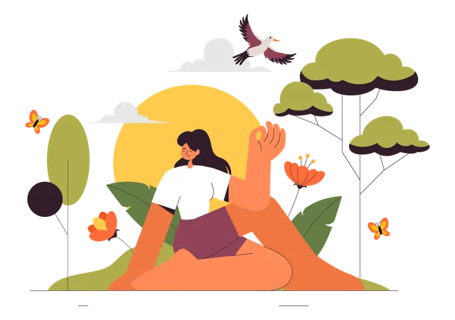 Mujer haciendo meditación en el jardín.  Ilustración