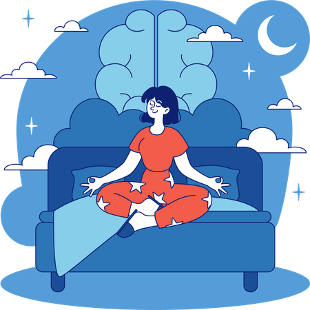 Mujer haciendo meditación en la cama antes de dormir.  Ilustración