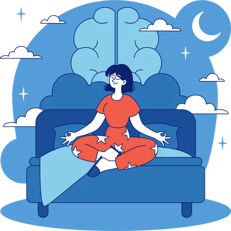 Mujer haciendo meditación en la cama antes de dormir.  Ilustración