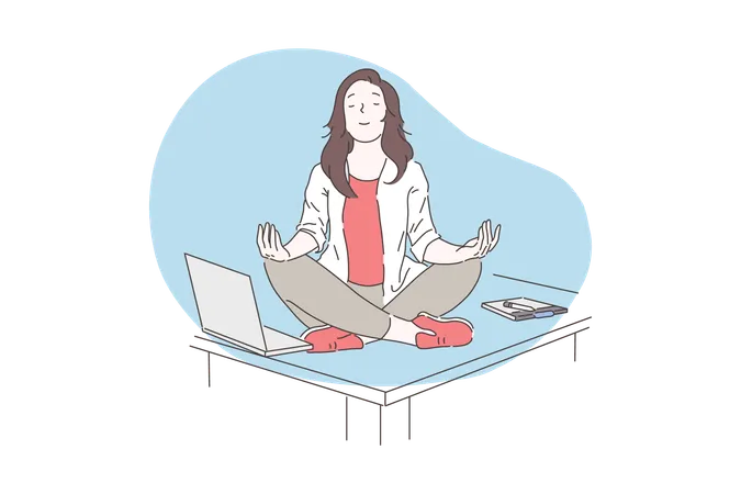 Mujer haciendo meditación en la oficina  Ilustración