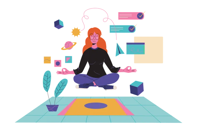 Mujer haciendo meditación en metaverso.  Ilustración