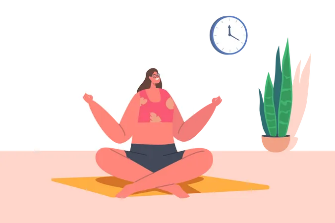 Mujer haciendo meditación mientras está sentada en una estera de yoga  Ilustración