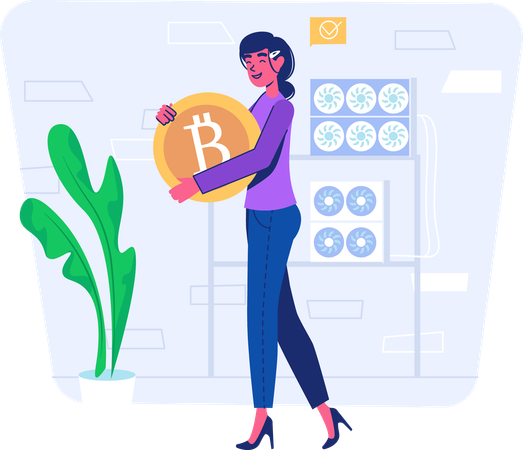 Mujer minando Bitcoin usando un servidor  Ilustración