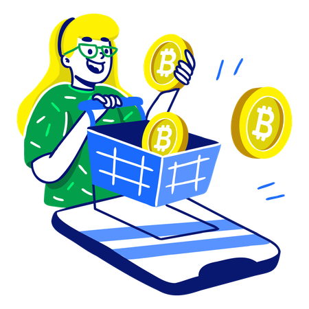 Mujer haciendo pagos en criptomonedas  Ilustración