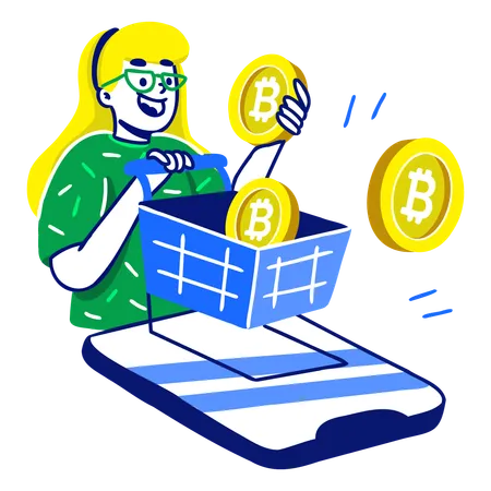 Mujer haciendo pagos en criptomonedas  Ilustración