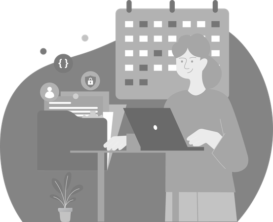 Mujer haciendo planificación de negocios en el escritorio de la computadora portátil  Ilustración