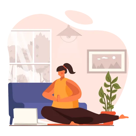 Mujer haciendo pose de yoga en casa  Ilustración